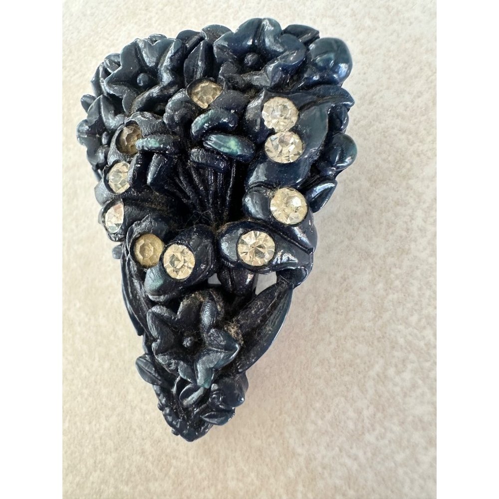 Antique Art Deco 1930s navy blue celluloid clear rhinestones floral pin brooch - Picture 2 of 6